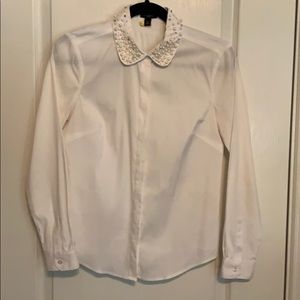 Ann Taylor Pearl and Jewel Collar White Shirt